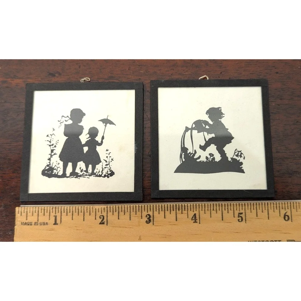 Vintage Czech Republic Silhouette Miniature Wall Art Pair Children Folk Art 3in